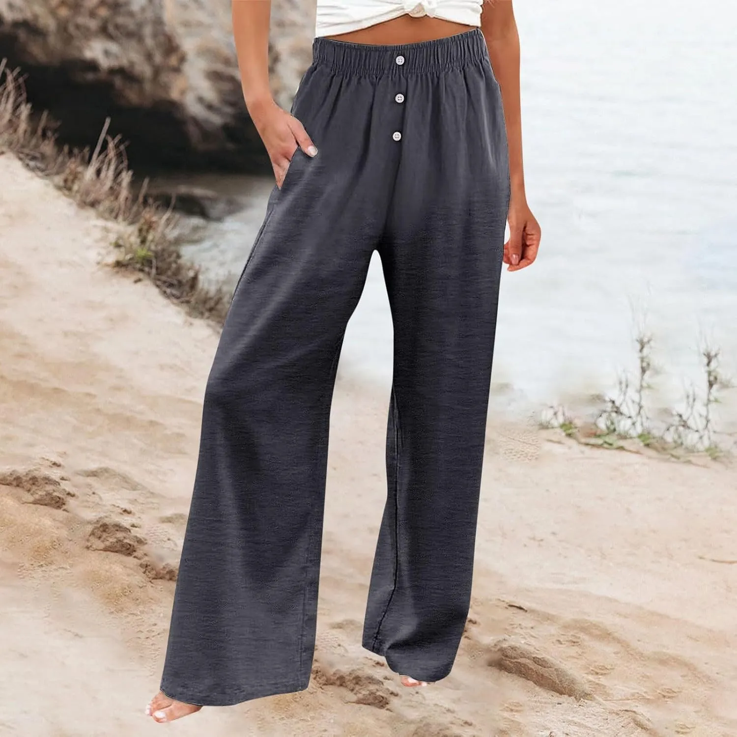 Womens Linen Pants Summer Wide Leg Palazzo High Waist Beach Casual Lounge Pant with Pockets