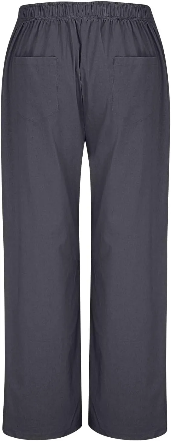 Womens Linen Pants Summer Wide Leg Palazzo High Waist Beach Casual Lounge Pant with Pockets
