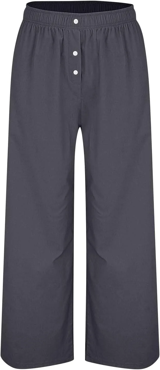 Womens Linen Pants Summer Wide Leg Palazzo High Waist Beach Casual Lounge Pant with Pockets