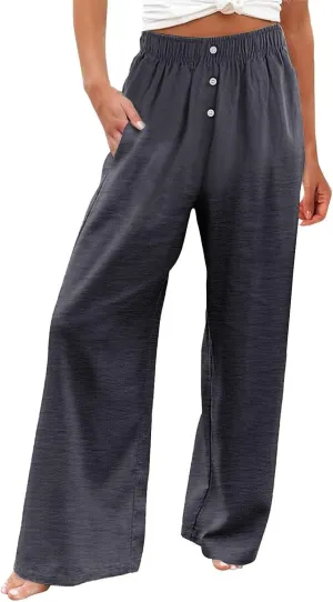 Womens Linen Pants Summer Wide Leg Palazzo High Waist Beach Casual Lounge Pant with Pockets