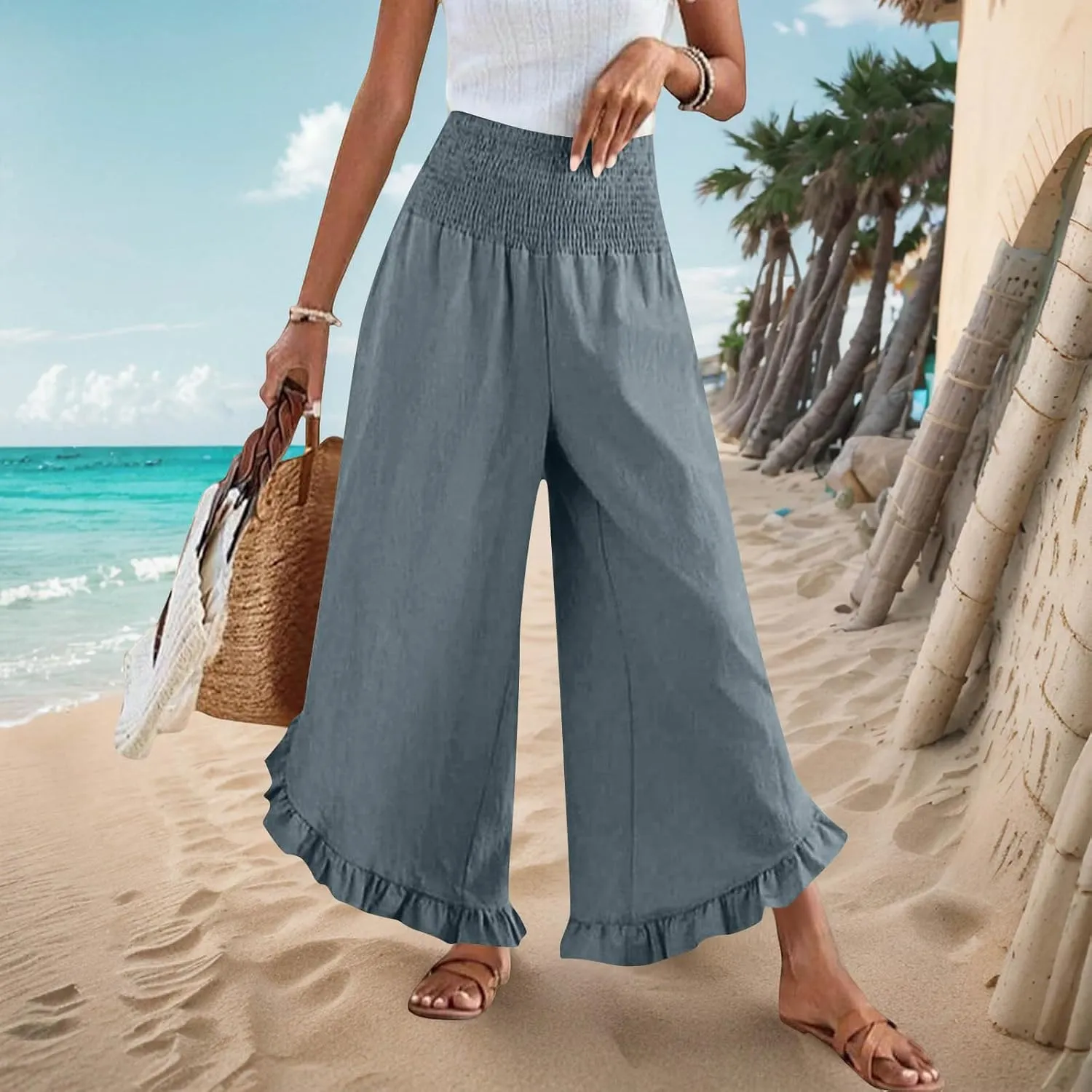 Womens Linen Pants Summer Wide Leg Pants Casual Loose Smocked High Waist Palazzo Pant Flowy Beach Trousers 2025