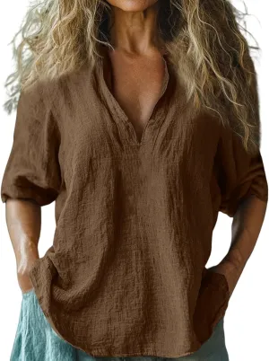 Womens Linen Shirts 3/4 Sleeve V Neck Plain T Shirts Summer Trendy Loose Fit Casual Tops Gauze Boho Blouses