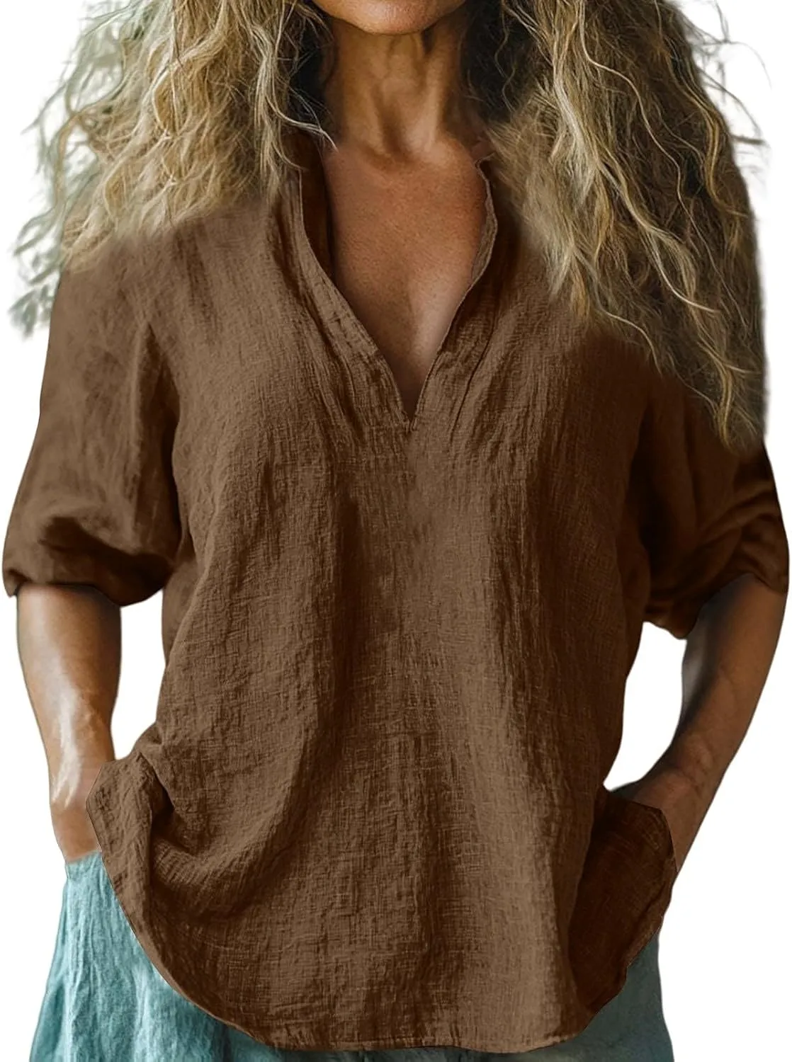 Womens Linen Shirts 3/4 Sleeve V Neck Plain T Shirts Summer Trendy Loose Fit Casual Tops Gauze Boho Blouses