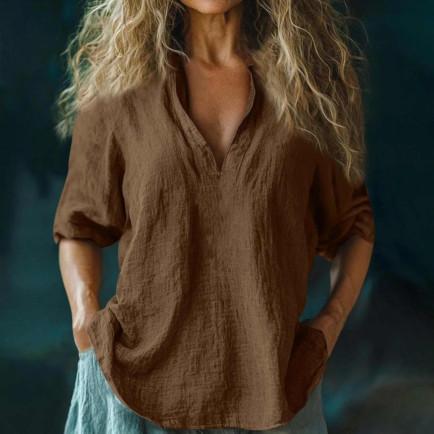 Womens Linen Shirts 3/4 Sleeve V Neck Plain T Shirts Summer Trendy Loose Fit Casual Tops Gauze Boho Blouses
