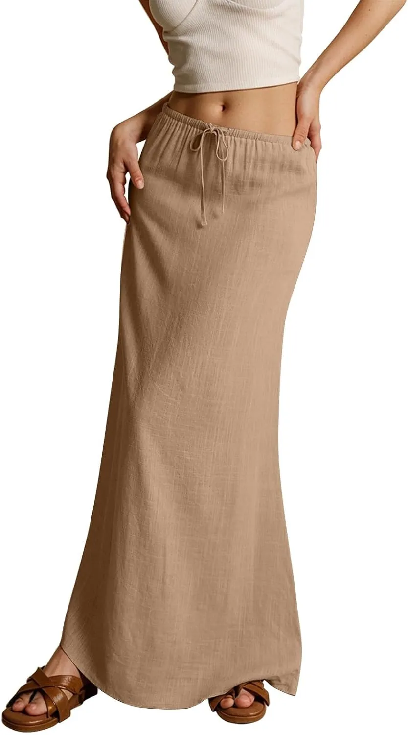 Womens Linen Skirt Cotton Linen Maxi Summer Comfy Drawstring Low Waist Spring Midi Skirt Flowy Vacation Bohemian
