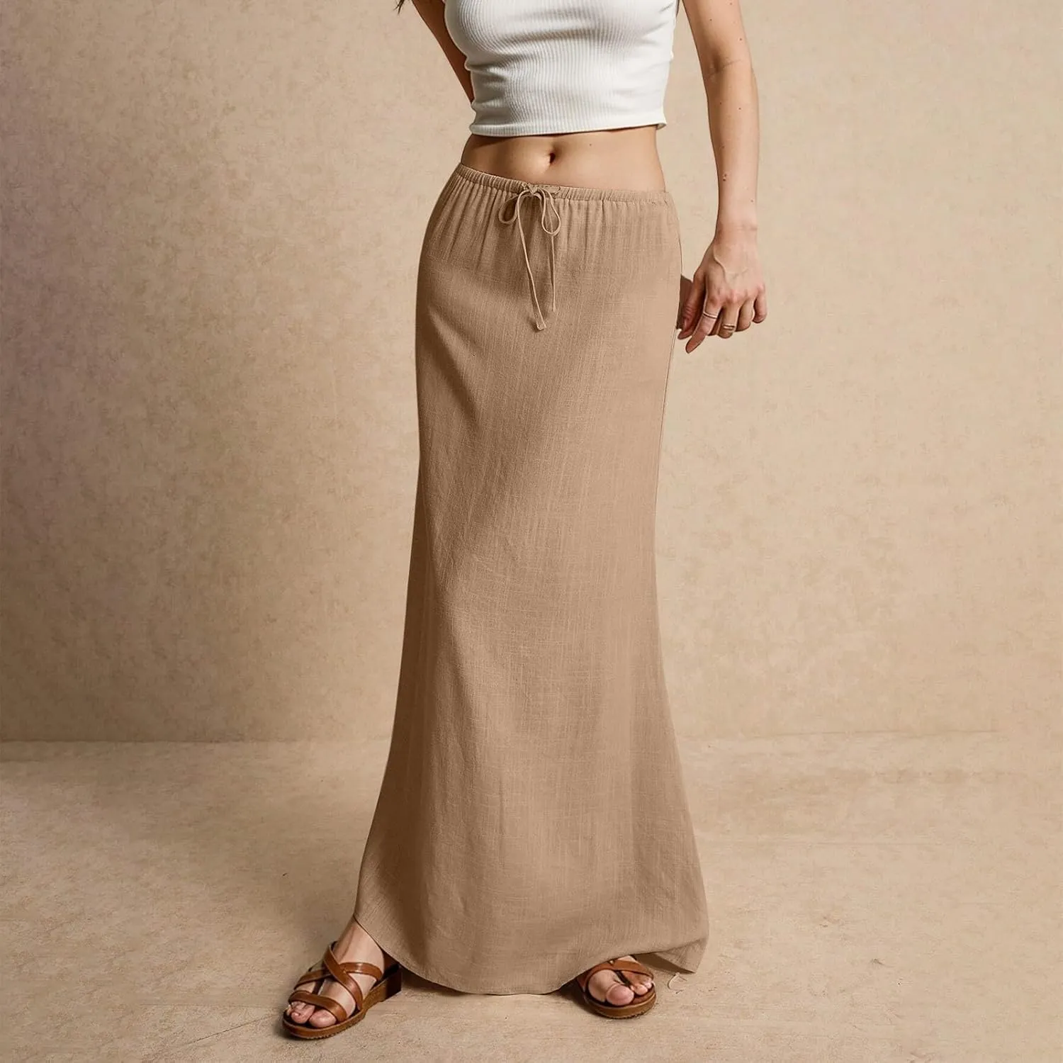 Womens Linen Skirt Cotton Linen Maxi Summer Comfy Drawstring Low Waist Spring Midi Skirt Flowy Vacation Bohemian