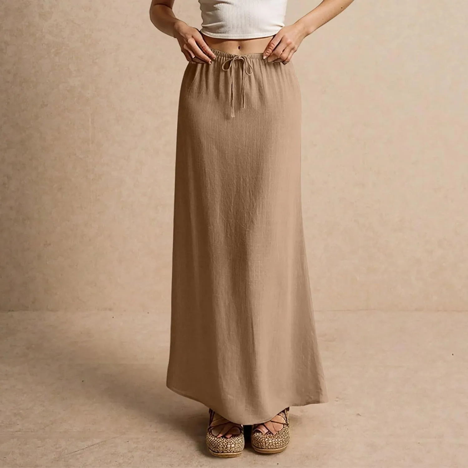 Womens Linen Skirt Cotton Linen Maxi Summer Comfy Drawstring Low Waist Spring Midi Skirt Flowy Vacation Bohemian