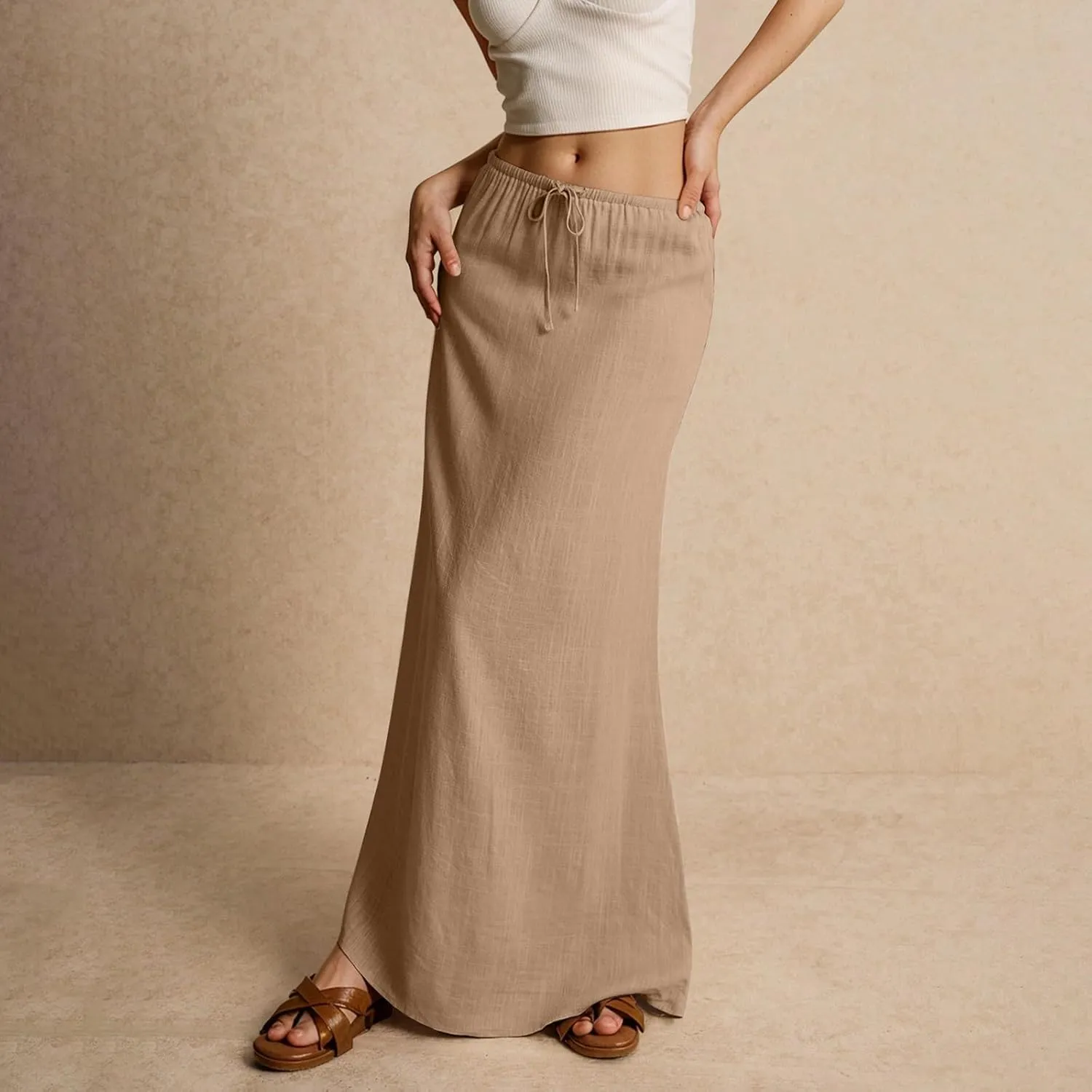 Womens Linen Skirt Cotton Linen Maxi Summer Comfy Drawstring Low Waist Spring Midi Skirt Flowy Vacation Bohemian