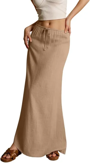 Womens Linen Skirt Cotton Linen Maxi Summer Comfy Drawstring Low Waist Spring Midi Skirt Flowy Vacation Bohemian