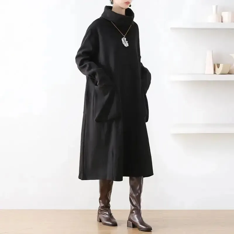 Women's Long Sleeve Dress Stylish Asymmetrical Black Cotton Dress