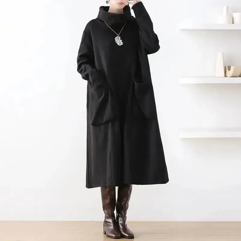 Women's Long Sleeve Dress Stylish Asymmetrical Black Cotton Dress