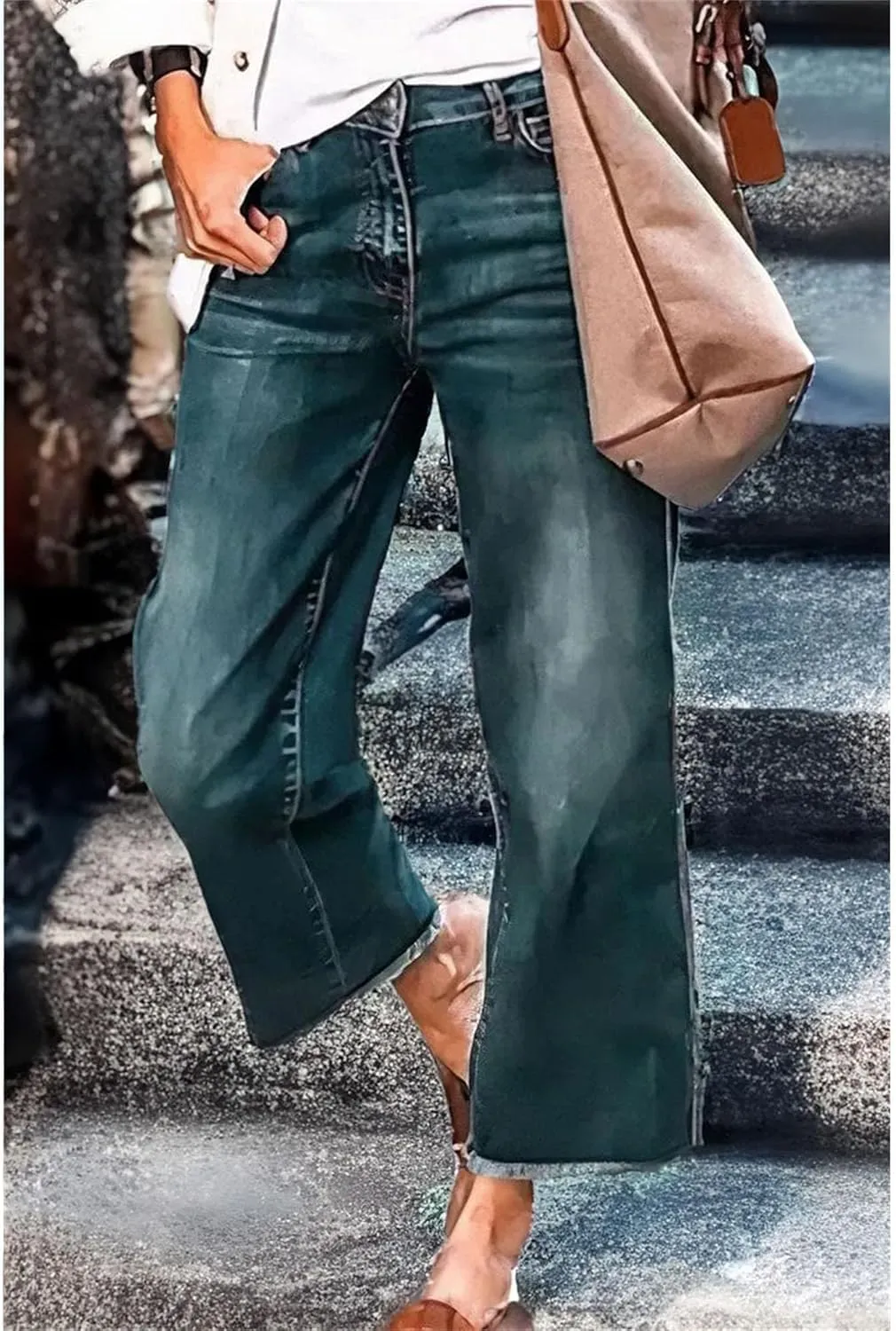 Women's Loose Stretch Jeans Business Mid Rise Wide Leg Casual Pants Fashion Retro Straight Jeans Solid Color