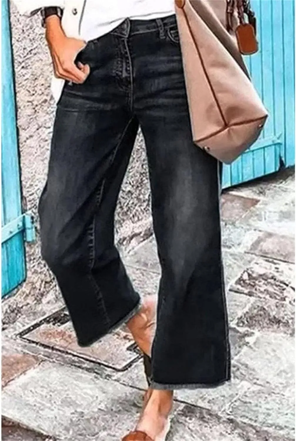 Women's Loose Stretch Jeans Business Mid Rise Wide Leg Casual Pants Fashion Retro Straight Jeans Solid Color
