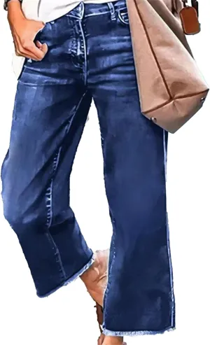 Women's Loose Stretch Jeans Business Mid Rise Wide Leg Casual Pants Fashion Retro Straight Jeans Solid Color