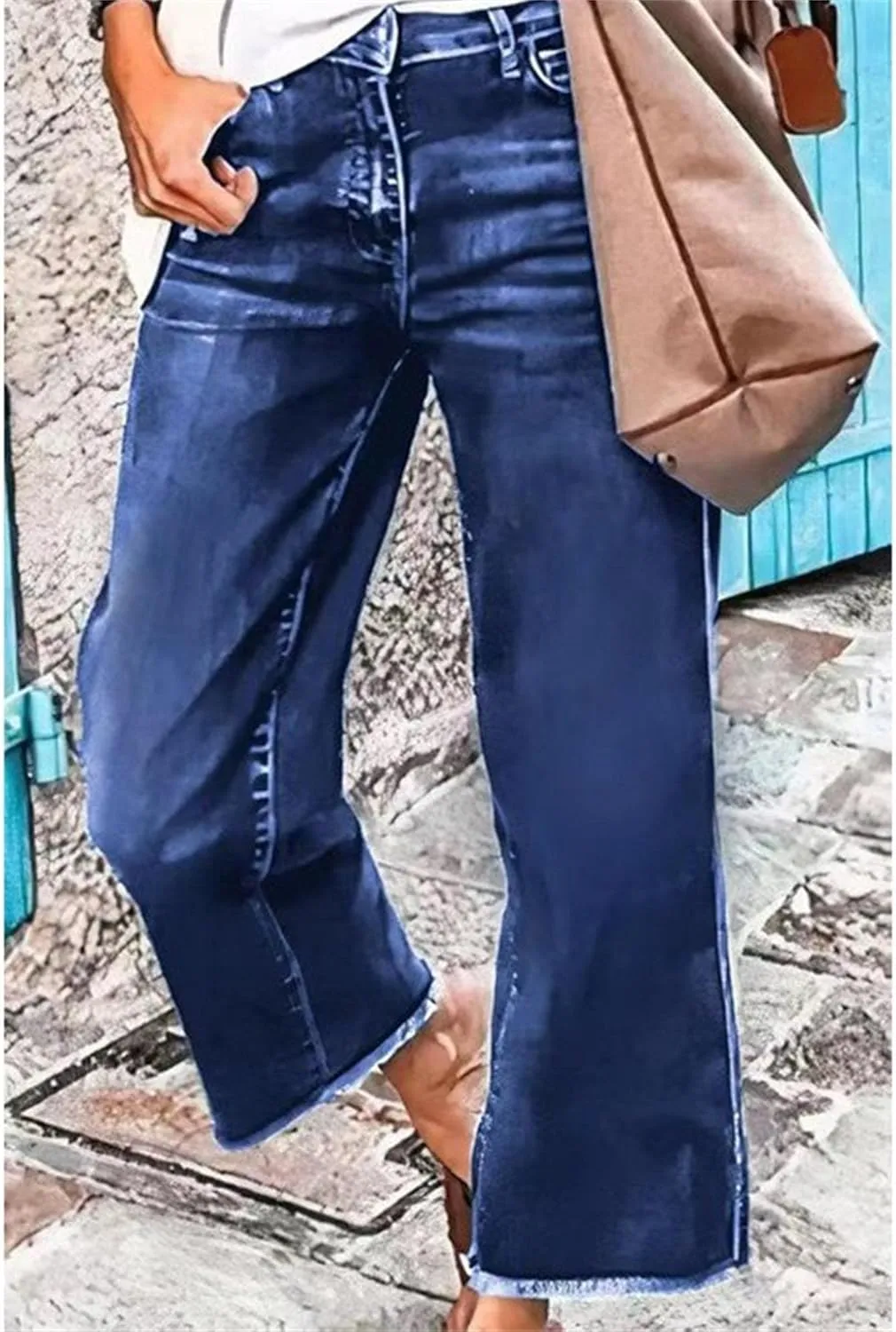 Women's Loose Stretch Jeans Business Mid Rise Wide Leg Casual Pants Fashion Retro Straight Jeans Solid Color