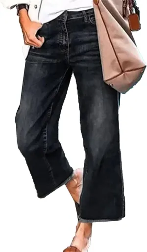 Women's Loose Stretch Jeans Business Mid Rise Wide Leg Casual Pants Fashion Retro Straight Jeans Solid Color