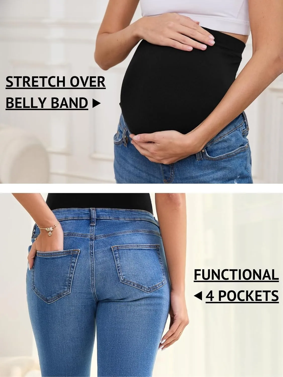 Women's Maternity Boyfriend Jeans Over Belly Stretch Ripped Pregnancy Denim Pants with Pockets