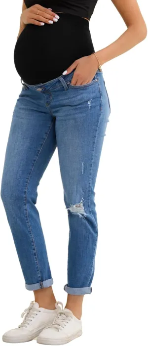 Women's Maternity Boyfriend Jeans Over Belly Stretch Ripped Pregnancy Denim Pants with Pockets