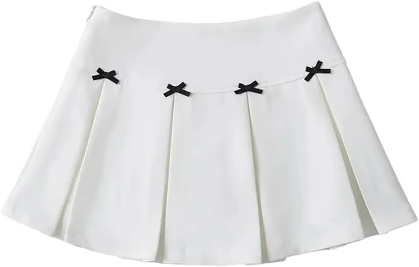 Womens Mini Skirt Bow Decoration Wide-Pleated Side Zipper High-Waisted A-Line Skirts