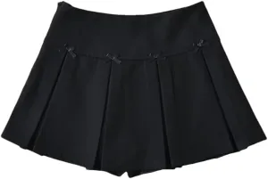 Womens Mini Skirt Bow Decoration Wide-Pleated Side Zipper High-Waisted A-Line Skirts