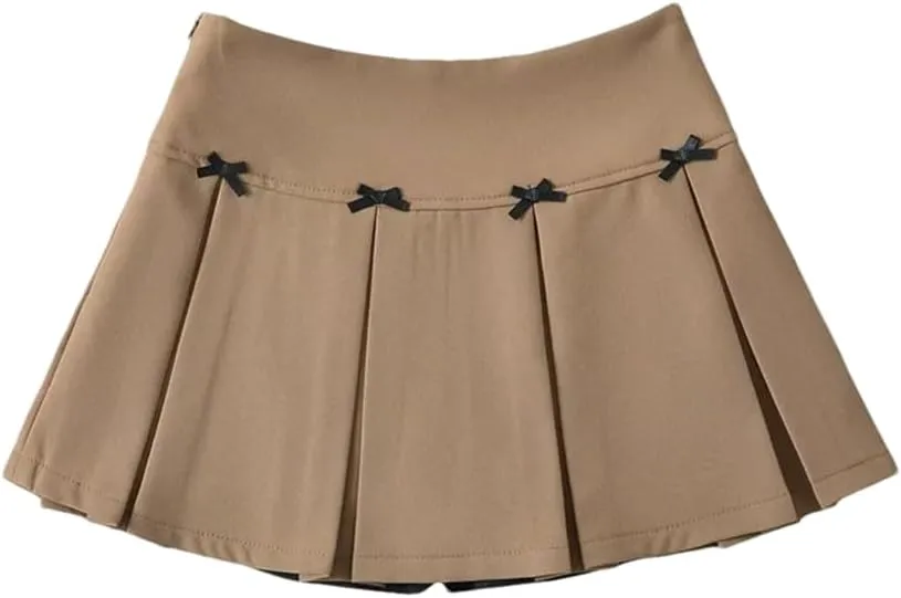 Womens Mini Skirt Bow Decoration Wide-Pleated Side Zipper High-Waisted A-Line Skirts