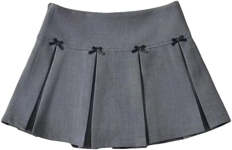 Womens Mini Skirt Bow Decoration Wide-Pleated Side Zipper High-Waisted A-Line Skirts