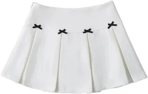 Womens Mini Skirt Bow Decoration Wide-Pleated Side Zipper High-Waisted A-Line Skirts