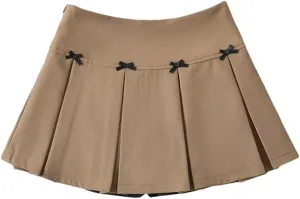 Womens Mini Skirt Bow Decoration Wide-Pleated Side Zipper High-Waisted A-Line Skirts