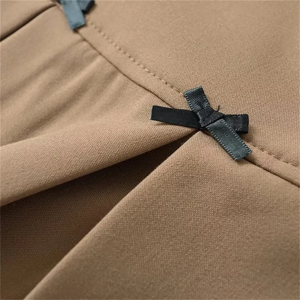 Womens Mini Skirt Bow Decoration Wide-Pleated Side Zipper High-Waisted A-Line Skirts