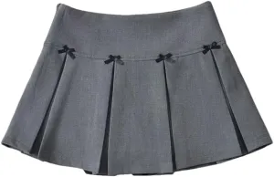 Womens Mini Skirt Bow Decoration Wide-Pleated Side Zipper High-Waisted A-Line Skirts
