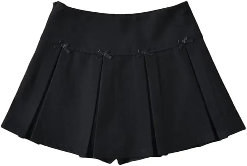 Womens Mini Skirt Bow Decoration Wide-Pleated Side Zipper High-Waisted A-Line Skirts