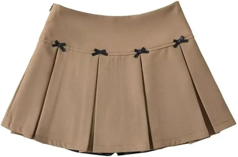 Womens Mini Skirt Bow Decoration Wide-Pleated Side Zipper High-Waisted A-Line Skirts