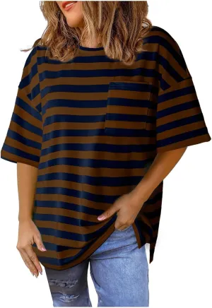 Womens Oversized Tees Color Block Striped Tshirts Summer Casual Short Sleeve Tops Loose Fit Crew Neck Shirts