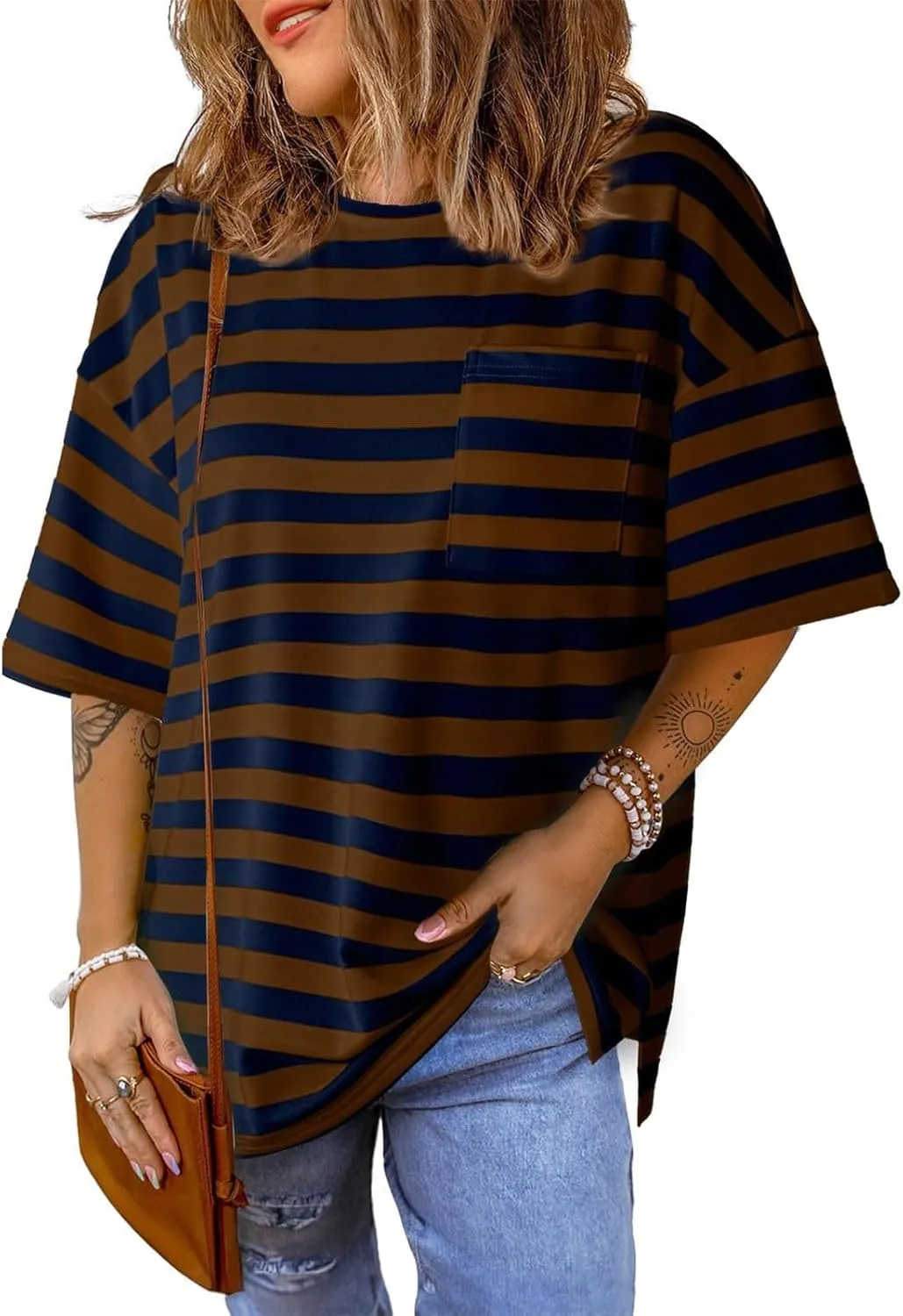 Womens Oversized Tees Color Block Striped Tshirts Summer Casual Short Sleeve Tops Loose Fit Crew Neck Shirts