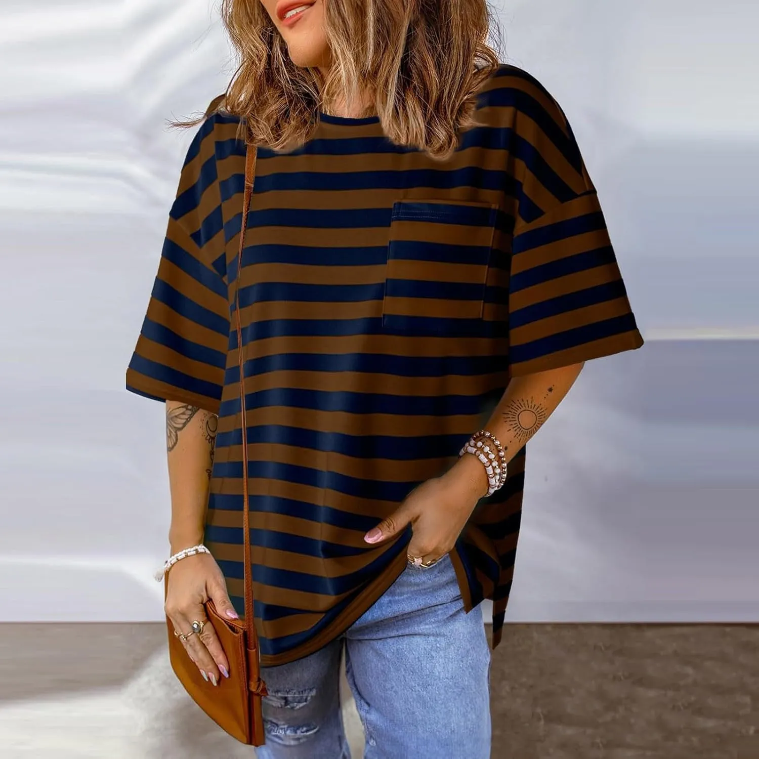Womens Oversized Tees Color Block Striped Tshirts Summer Casual Short Sleeve Tops Loose Fit Crew Neck Shirts