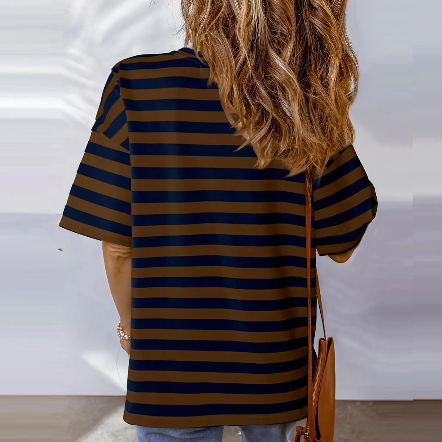 Womens Oversized Tees Color Block Striped Tshirts Summer Casual Short Sleeve Tops Loose Fit Crew Neck Shirts