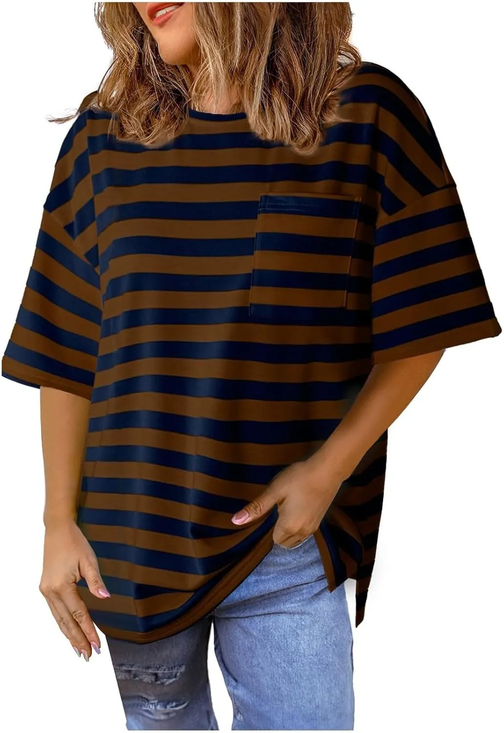 Womens Oversized Tees Color Block Striped Tshirts Summer Casual Short Sleeve Tops Loose Fit Crew Neck Shirts