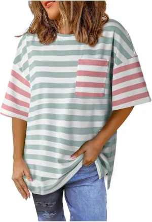 Womens Oversized Tees Color Block Striped Tshirts Summer Casual Short Sleeve Tops Loose Fit Crew Neck Shirts
