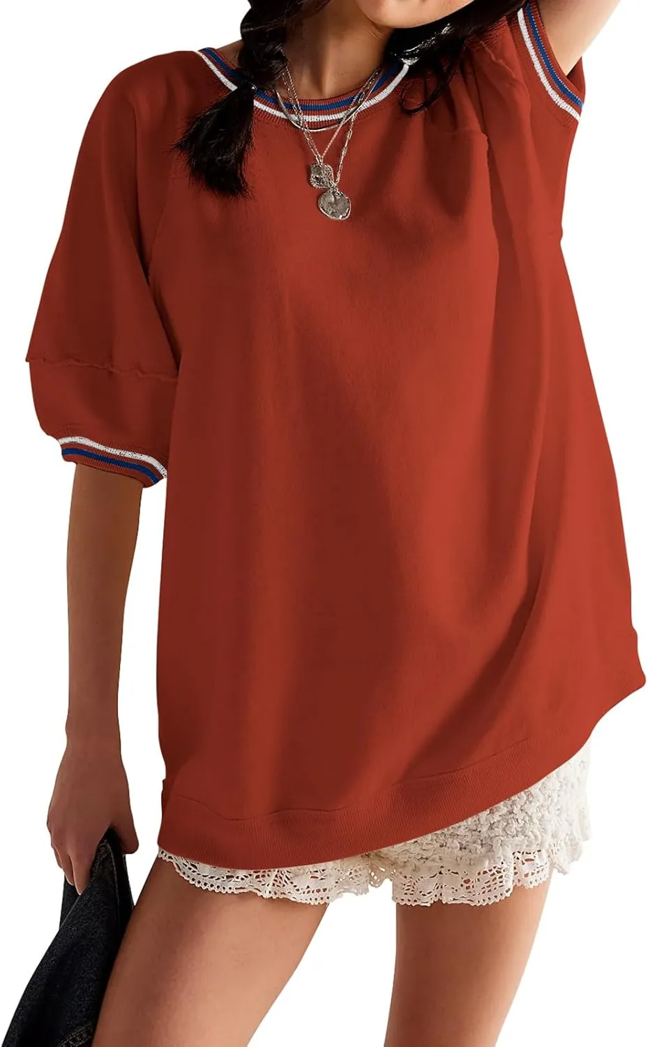 Womens Oversized Tees Loose T Shirts Puff Sleeve Crew Neck Color Block Cotton Summer Tunic Tops for Vacation