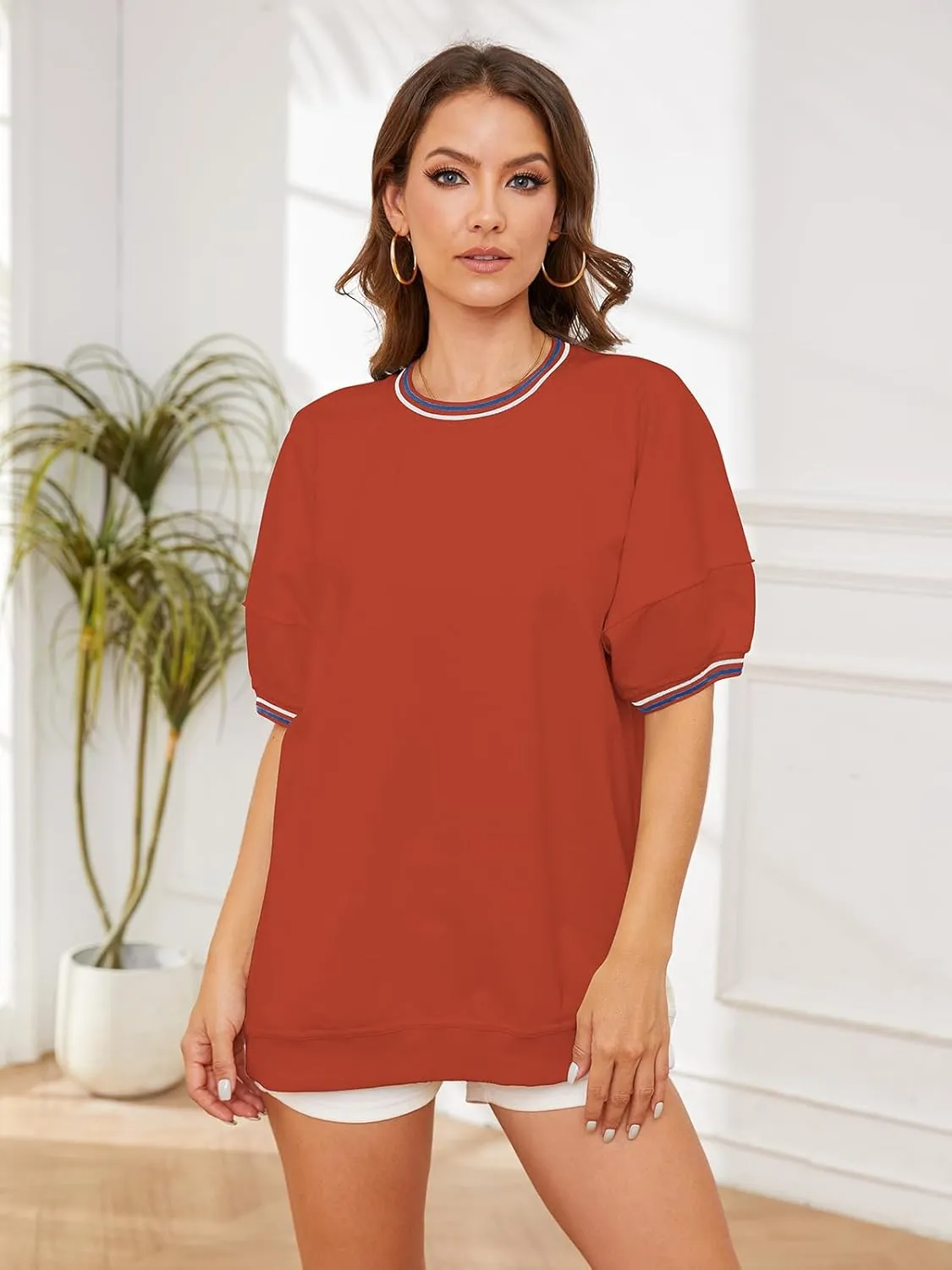Womens Oversized Tees Loose T Shirts Puff Sleeve Crew Neck Color Block Cotton Summer Tunic Tops for Vacation