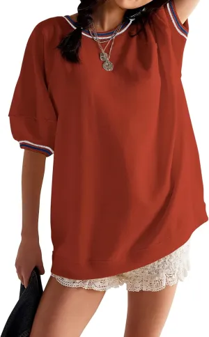 Womens Oversized Tees Loose T Shirts Puff Sleeve Crew Neck Color Block Cotton Summer Tunic Tops for Vacation