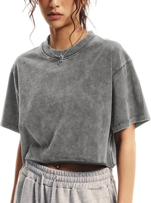 Womens Oversized Vintage T Shirts Casual Cropped Tees Short Sleeve Cotton Acid Wash Tops Summer Grunge Shirts