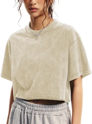 Womens Oversized Vintage T Shirts Casual Cropped Tees Short Sleeve Cotton Acid Wash Tops Summer Grunge Shirts