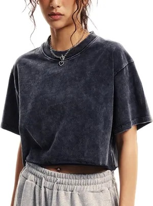 Womens Oversized Vintage T Shirts Casual Cropped Tees Short Sleeve Cotton Acid Wash Tops Summer Grunge Shirts