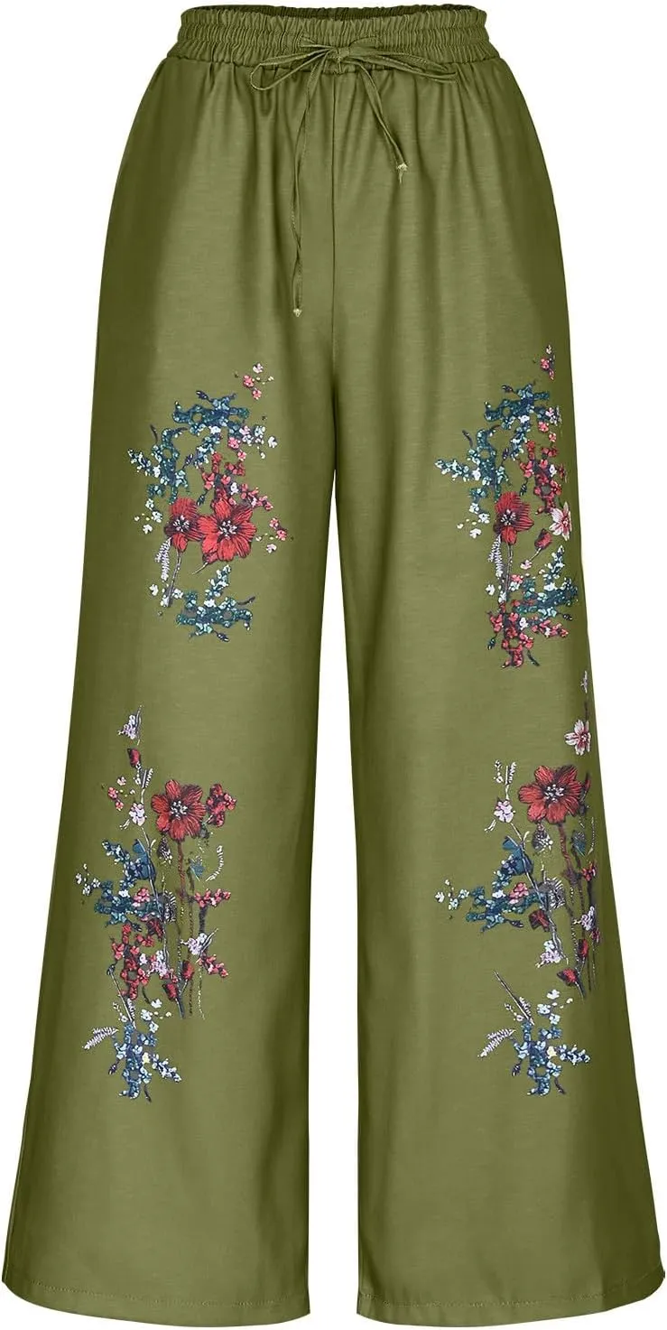 Womens Palazzo Pants Boho Embroidery Plus Size Fit Linen Pants Strendy Pull On Layered Loose Wide Leg Trousers