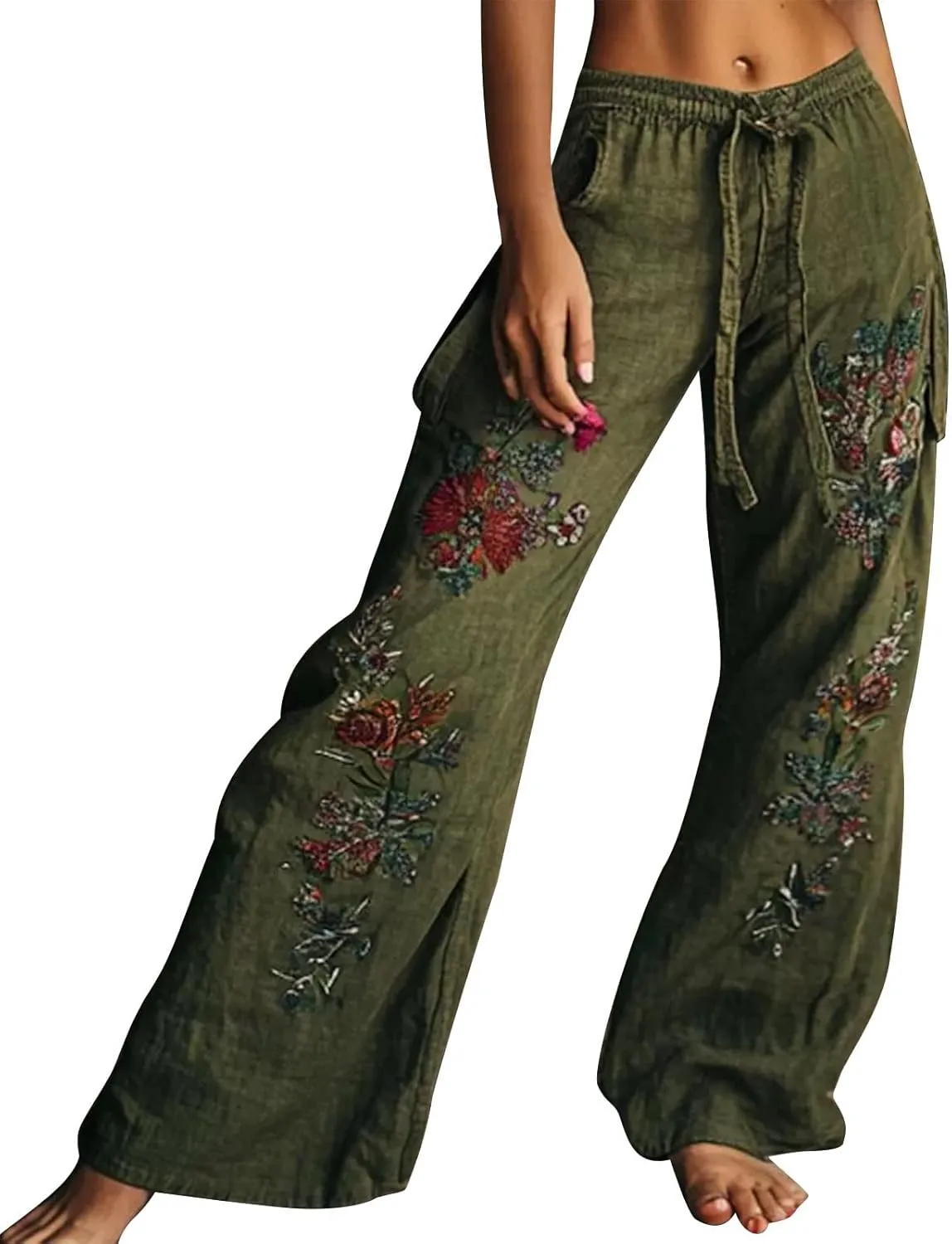 Womens Palazzo Pants Boho Embroidery Plus Size Fit Linen Pants Strendy Pull On Layered Loose Wide Leg Trousers
