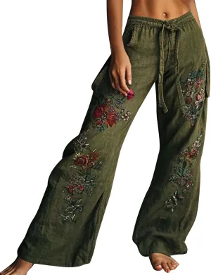 Womens Palazzo Pants Boho Embroidery Plus Size Fit Linen Pants Strendy Pull On Layered Loose Wide Leg Trousers
