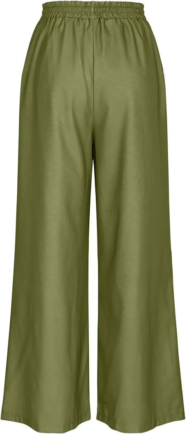 Womens Palazzo Pants Boho Embroidery Plus Size Fit Linen Pants Strendy Pull On Layered Loose Wide Leg Trousers