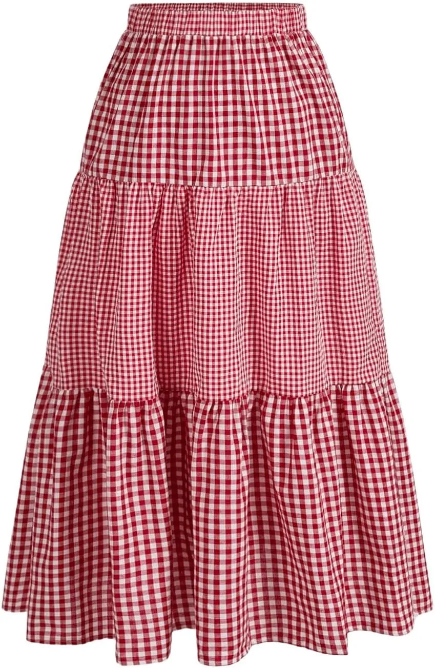 Women's Plus Size Gingham Tiered Layer Skirt Flowy Elastic High Waist A Line Skirts