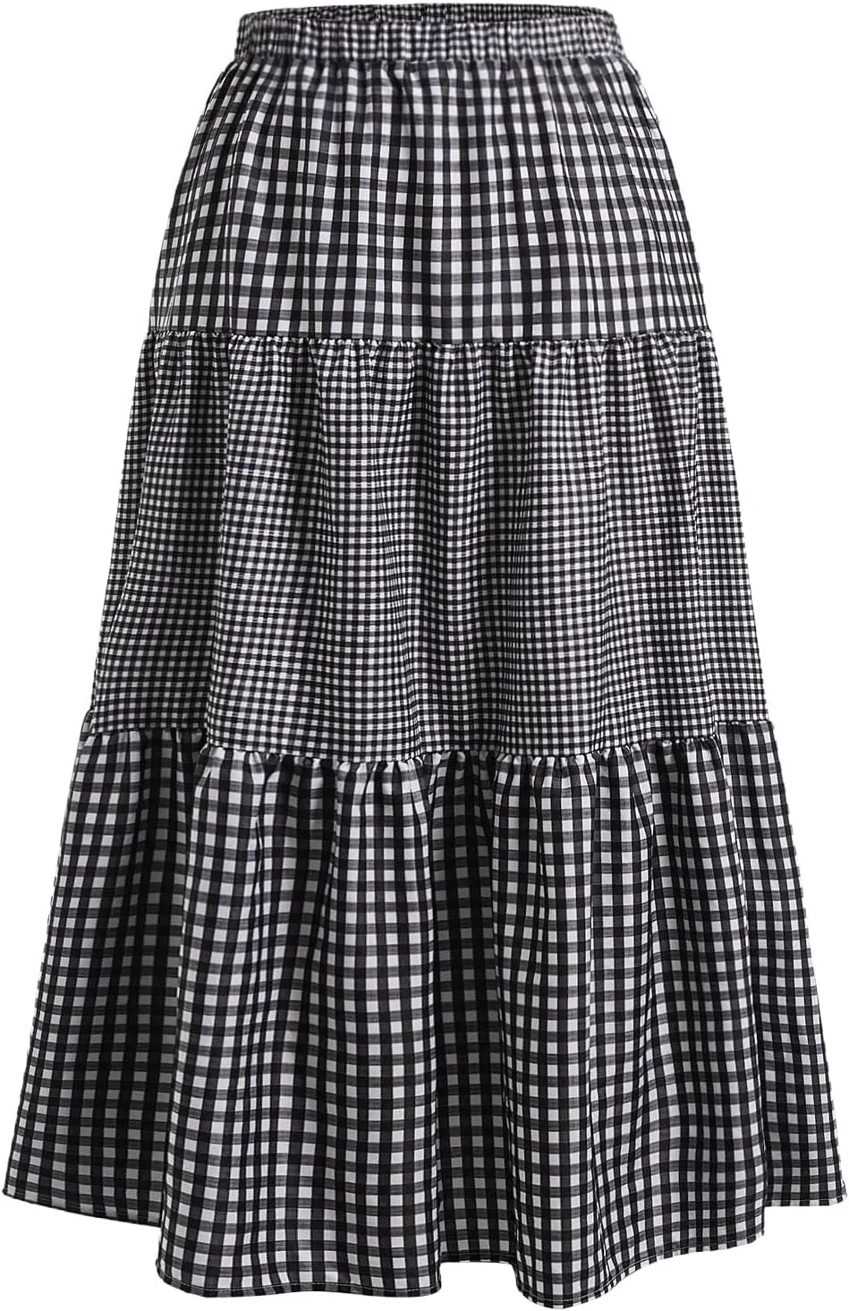 Women's Plus Size Gingham Tiered Layer Skirt Flowy Elastic High Waist A Line Skirts